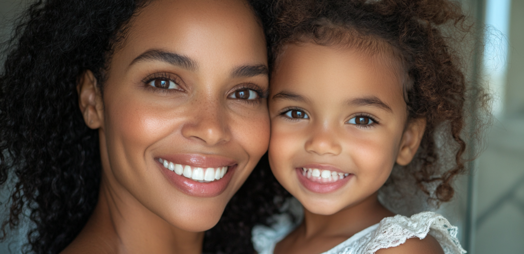 A woman and her child wth beautiful smiles, as a result of practicing preventive dental care